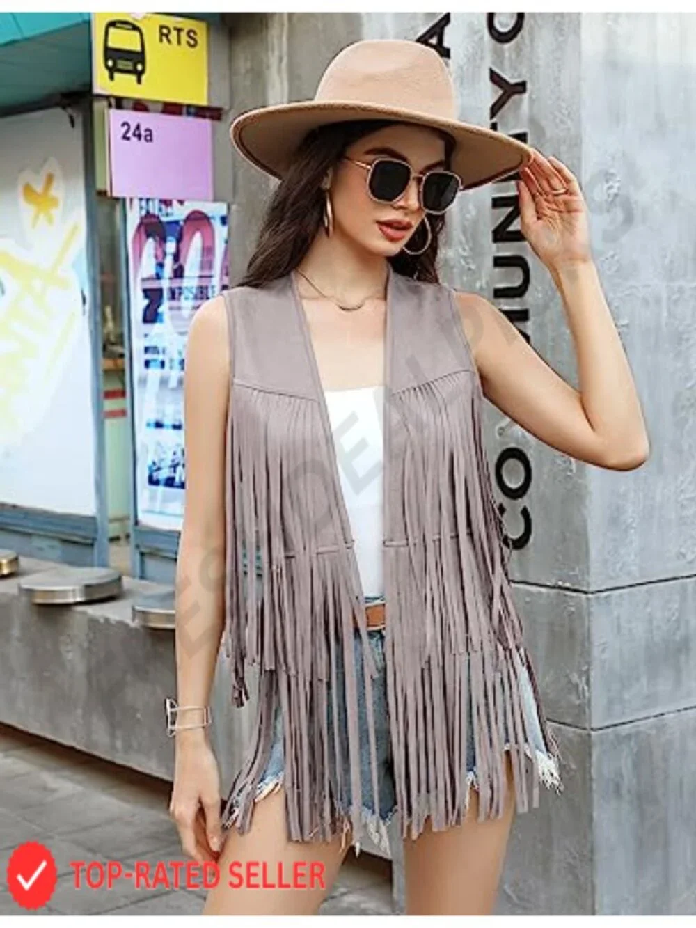 Faux Suede Fringe Vest 70s Hippie Sleeveless Jacket